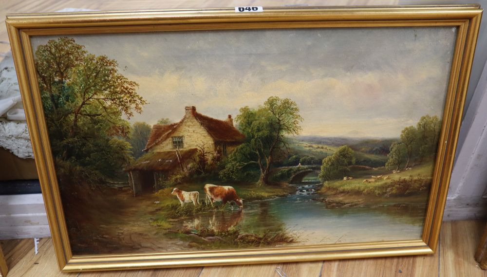 Henry Harris (1852-1926), oil on canvas, Cattle watering, signed, 30.5 x 51cm